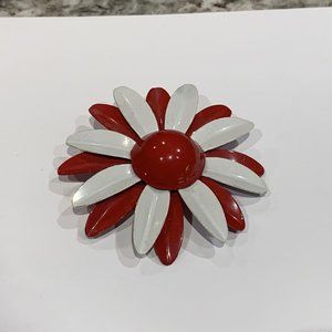 Vintage Red / White Enamel Painted Metal Costume Brooch